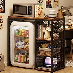 Homieasy Mini Fridge Cabinet with Power Outlet, Coffee Bar Cabinet with Mini Fridge Space, Industrial Liquor Cabinet with Wine Storage & Glass Holder for Dorm, Living Room, Home Kitchen, Rustic Brown