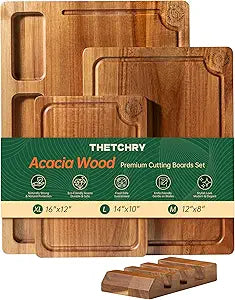 THETCHRY Acacia Wood Cutting Boards for Kitchen, Premium Wood Cutting Board Set with Holder, Chopping Board with Grooves and Built-in Handles, Wooden Charcuterie Board Trays for Meat, Fruit, Cheese