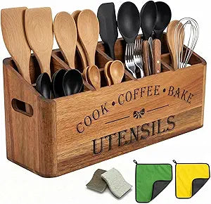 Wooden Kitchen Utensil Holder, Acacia Wood, Extra Large, 4-Compartment, Countertop Organizer, Wall Mount Option, Silverware Storage Caddy, Ventilation Holes & Non-Slip Pads (4 Compartments)