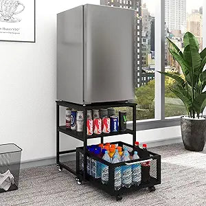PUNCIA Mini Fridge Stand with Storage (19.7"x19.7"), 3-Tier Storage 220LBS Beverage Refrigerator Table, Heavy Duty Rolling Organizer Rack with Drawers for Dorm, Apartment,Office, Bedroom, Black