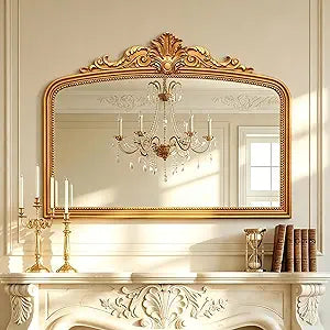Besdomus Gold Arched Vintage Mirror: 40" x 30" Baroque Large Decorative Wall Vanity Mirror - Antique Traditional Ornate Resin Frame for Fireplace/Bedroom/Bathroom - Wall Decor for Fashion-Conscious