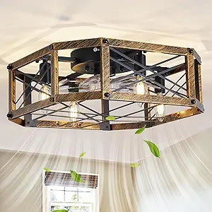 21-inch Square Cage Ceiling Fan with Light, Low Profile Flush Mount Small Ceiling Fan, E12 Sockets (Bulbs Not Included), Remote Control with 6 Speeds, Natural Wind, Reverse, Timer (Bronze)