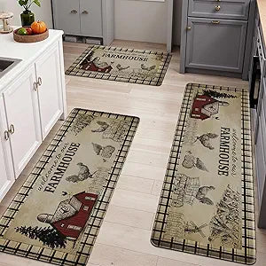 Farmhouse Kitchen Rugs and Mats Set of 3, Anti Fatigue PVC Non Slip Rugs for Kitchen Floor, Rooster Decor Mats Cushioned Waterproof for Kitchen Floor Laundry Hallway Sink,18 * 30+18 * 48+18 * 60in