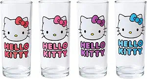 Silver Buffalo Sanrio Hello Kitty Glitter, 4 Pack Tumbler Glass Set, 10oz