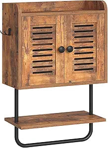 HOOBRO Bathroom Wall Cabinet, Double Doors Medicine Cabinet with Towel Bar, Adjustable Shelf, 2 Hooks, Over The Toilet Storage Cabinet, for Bedroom, Kitchen, Rustic Brown BF46CW01