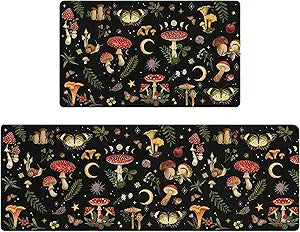 Mushroom Rug Kitchen Mats for Floor Cushioned Anti Fatigue Kitchen Rugs Sets of 2, Non Slip Waterproof Black Kitchen Floor Mat, Comfort Memory Foam Standing Mat for Office Laundry Sink Desk