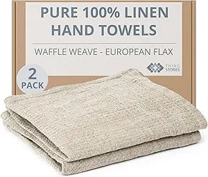 100% European Linen Hand Towels for Kitchen & Bath - Set of 2 - Waffle Weave, Highly Absorbent & Quick-Dry - 14 x 28 in - Stone Washed Flax