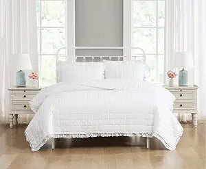 The Farmhouse by Rachel Ashwell Ruffled Washed Cotton Quilt Set White Cotton 3-Piece King Quilt Set, Modern Farmhouse Themed, for Men and Women, Oeko-TEX Certified Confidence