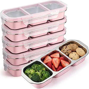 FoldTier 6 Pack Stainless Steel Snack Container for Adults Lunch 3-compartment Leak-proof Box for Work, Travel 10.6 x 4.1 x 2 Inch Stackable Reusable Metal Bento Box (Pink)