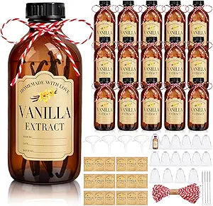 BHHQHH 16Pcs 8 oz Amber Glass Bottle Boston Round Bottles for Vanilla Extract Homemade,Brown Vanilla Extract Bottles with Caps for Syrup Gift Glass Food Storage Canister and Sauce Beans
