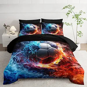 Soccer Print Comforter 7Pcs Gaming Sport Soccer Bedding Set for Kid Teen Girl Boy Adult Ball Sports Games Ice Fire Football Quilt Bed Set Full with 2 Sheets,2 Pillowcases,2 Throw Pillow Covers