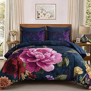 WONGS BEDDING Blue Comforter Set Queen Size Floral, 7 Pieces Bed in a Bag Set, Pink and Purple Flower Bedding Set, Soft Microfiber for All Season with Pillowcases & Shams,Sheets(90"90")