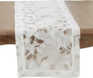 SARO LIFESTYLE Sheer Elegance Burnout Voile Vine Design Table Runner, White, 16"x54"