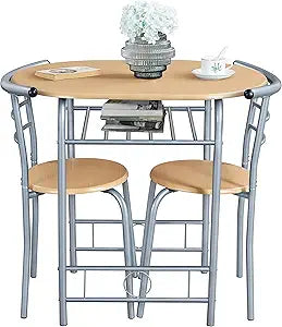 Topeakmart Table & Chair Sets for 2, Dining Room Table Set w/Metal Frame, Storage Rack, Space-Saving Design for Kitchens, Apartments, Dorm Rooms - Natural