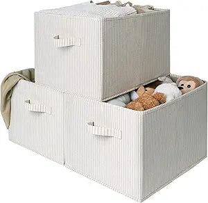 StorageWorks Foldable Shelf Organizer Bins, Closet Storage Baskets for Clothes, Storage Bins for Organization, Beige Stripes, 3-Pack, Extra Large
