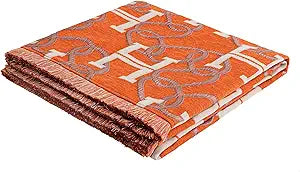 Modern Letter H Throw Blanket for Couch, Luxury Chain Pattern Jacquard Weighted Blanket with Fringe, Chenille Soft Cozy Blanket for Sofa Bed Living Room Chic Home Decor(52x 72, Orange)