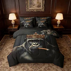 7 Pieces Gorilla Kids Comforter Set Queen Size, Cartoon Animal Theme Bedding Set for Boys Girls Room Decor, African Wildlife Bed in a Bag with Comforter, Fitted Sheet, Top Sheet and Pillowcases