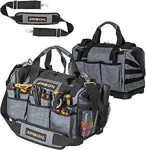 Arbon Electrician Tool Bag  Heavy Duty Organizer with 34 Pockets, Large Storage for Men, 5-Layer Reinforced Walls, Metal Frame, Hard Molded Base, Water Resistant Polyester PP Plastic, Grey, 52+ lb