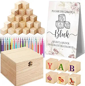 Marsui 136 Pcs Baby Shower Blocks to Decorate Game Kit Includes 98 Wooden Blocks, 36 Markers, 1 Game Sign, 1 Storage Box for Baby Shower Gender Reveal Activity Party Decorations(Floral)