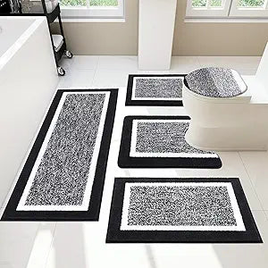 Pauwer Bathroom Rugs Set 5 Piece, Plush Absorbent Microfiber Bath Mats for Bathroom, Non Slip Washable Bath Rug Set with U Shaped Contour Toilet Rugs, Shower Rug and Toilet Lid Cover, Black