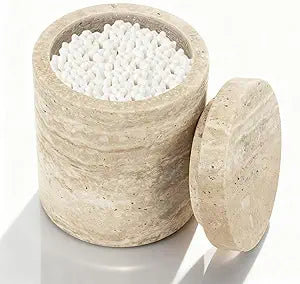 Natural Marble Canister, Cotton Swab Holder with Lid, Marble Toothbrush Holder Qtip Holder Storage for Cotton Swab, Floss Picks, Makeup Pad, Bath Salt, Beige White Travertine(NS019)