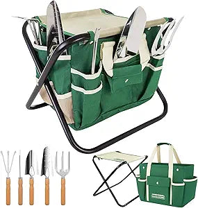 GardenHOME 7-Piece Green Gardening Tool Set  Stainless Steel Tools with Wooden Handles, Folding Stool & Canvas Tote, Durable Garden Kit for Every Gardener