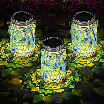 3 Pieces Solar Powered Mosaic Lights, Outdoor Hanging Solar Lantern Lamp Waterproof Table Lamp Mosaic Night Light for Tree, Garden, Patio, Party, Yard, Outdoor, Indoor Decorations (Blue)