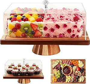 Acacia Wood Cake Stand with Lid, Rectangular Wooden Display Cake Holder & Acrylic Cover, 2-in-1 Reversible Wooden Stand, Flips to Charcuterie & Snack Tray, Fit Kitchen, Parties, Weddings