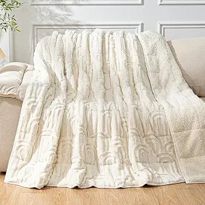 Cottonblue Jacquard Weighted Blanket for Adults 15 lbs Queen Size, Soft Fluffy Sherpa Fleece Weighted Throw Blankets 60" x 80" for Sleep Relax, Fuzzy Warm Arch Heavy Blanket for Bed Couch, Cream White