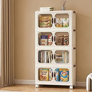 Magnetic Door Storage Bins with Lids 220QT - Folding Storage Cabinet with Doors & Wheels, Collapsible Plastic Box for Closets, Office, Gathering, Stackable Organizer & Containers, Gifts,