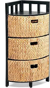 HOMESTEAD 3-Tier Corner Storage Cabinet with Water Hyacinth Baskets  Solid Wood Frame, Fully Assembled, Rustic Decorative Shelf for Living Room, Bedroom, Entryway