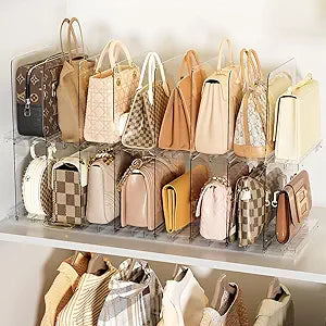Stackable Bag & Purse Organizer for Closet Shelf Acrylic Shelf Dividers for Closet Organization, Clear Handbag Purse Storage Organizer Divider, Keep Clutch, Wallet, Pocketbook Upright, 4 Pack