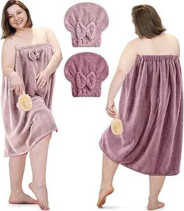Xtinmee 2 Sets Womens Wrap Towel with Hair Towel Bath Towels Wrap Shower Dress Towels Spa Wraps for Women's Bathrobe (Purple,Lotus Pink)