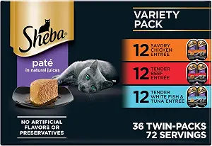 Sheba Perfect Portions Wet Cat Food Pate, Savory Chicken, Tender Beef, Tender Whitefish & Tuna Entree, Cat Food Wet Recipe Variety Pack, 2.6 oz. Twin-Pack Trays (36 Count, 72 Servings)