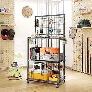SOYEEZE Large Size Fishing Rod Holders for Garage, Heavy Duty 3-Tier Fishing Pole Rack with Pegboard and Hooks, Fishing Gear Organizer Up to 12 Rods, Rolling Fishing Storage Cart with Lockable Wheels