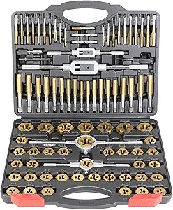 Die and Tap Set in SAE and Metric, Hex Threading Dies for External Threads, Thread Tap for Internal Threads, Thread Wrench, Thread Pitch Gauge, 86 Pieces Gauge Kit for DIY Tapered