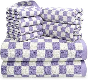 Jacquotha 8-Piece Cotton Towels and Washcloths Sets, Cute Checkered Bathroom Towels Set, Luxury Soft Absorbent Lightweight Towel, Lilac