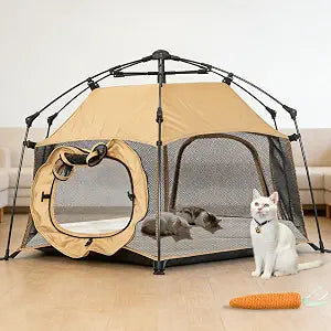 Catio Outdoor Cat Enclosure Cat Tent with 2 Doors, Waterproof & Portable, Mesh Wall & Floor, Connectable to Play Tunnels,Indoor/Outdoor Cats Enclosed Playpen for Patio Balcony Courtyard Camping-Tan