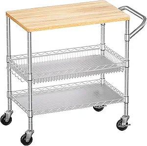 WDT 3 Tier Rolling Kitchen Carts with Wheels, Heavy Duty Rolling Utility Cart with Wood Tabletop, Commercial Grade Metal Cart with Handle and Hooks, NSF Storage Serving Island Carts, Light Wood+Metal