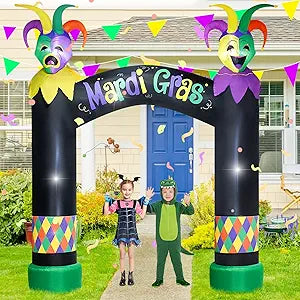 10FT Halloween Mardi Gras Inflatable Arch with LED Lights, Purple Green Gold Carnival Decor, Blow Up Archway for Indoor/Outdoor Entrance, Parade Backdrop, Includes Air Blower & Jester Mask