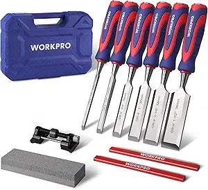 WORKPRO 10-Piece Wood Chisel Set for Woodworking, Cr-V Bevel Edge Chisels (1/4", 1/2", 3/4", 1", 1-1/4", 1-1/2") with Sharpening Stone, Honing Guide, Carpenter Pencils & Storage Case