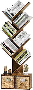 Vagusicc 6 Tier Tree Bookshelf with 2 Storage Cabinets, Tall Display Shelf Organizer for Books, Magazines, Home Decor, Narrow Wooden Floor Standing Bookcase for Living Room, Home Office, Rustic Brown