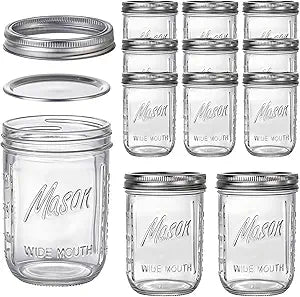 WELLIFE 12 Pack 16 oz Mason Jars with Lids, Wide Mouth Glass Canning Jars, Airtight Leak-Proof Storage Jars for Food, Pickling, Fermenting