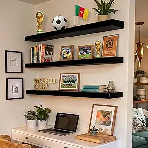 ROGMARS Black Floating Shelves for Wall,36 inch Rustic Wooden Floating Wall Mounted Book Shelves with Invisible Brackets for Living Room, Bedroom, Kitchen, Bathroom,Set of 3