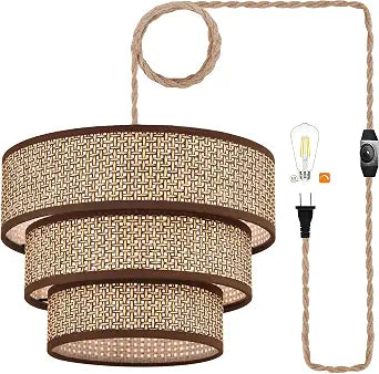 XININSUN Rattan Plug in Pendant Light Boho Wicker Lampshade Hanging Lights with Plug in Cord Plug in Chandelier for Bedroom Kitchen Dining Room Island