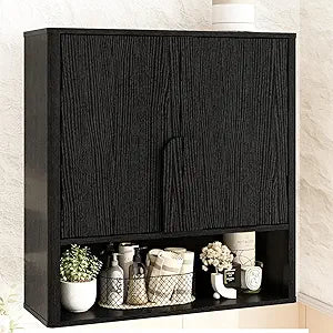 RUSTOWN Bathroom Wall Cabinet, 3-Tier Modern Accent Medicine Cabinet W/Curved Handles & Adjustable Shelf, 2 Doors Over The Toilet Storage Cabinets for Laundry Room Kitchen Living Room, Rustic Black
