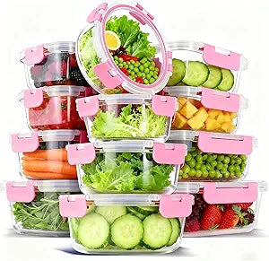 12 Pack Glass Meal Prep Food Storage Containers with Lids Airtight Stackable, Microwave, Oven, Freezer and Dishwasher Safe(Pink)