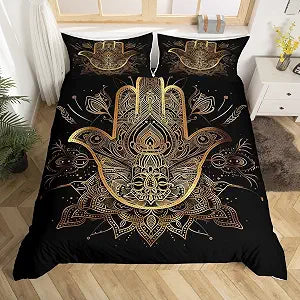 Gold Hamsa Hand Duvet Cover Set King Size,Black Gold Mandala Bedding Set 3pcs for Kids Teens Boys Room Decor, Boho Comforter Cover Lucky Hand of Fatima Quilt Cover with 2 Pillowcases