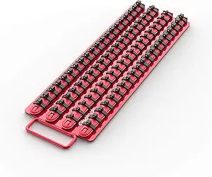 Olsa Tools Socket Organizer Tray - Portable Red Rail with Black Clips - Stores 80 Sockets Securely - Professional-Grade Socket Holder - Part 1047