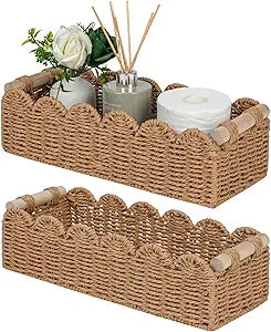 CubesLand Bathroom Basket Organizer, Toilet Tank Paper Storage Baskets 2-Pack, Scalloped Decorative Basket for Countertop w/Handle, Wicker Basket for Bathroom Decor, Home Decor, Living Room, Neutral